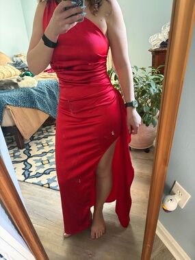 Red One-Shoulder Satin Evening Dress with Side Thigh Slit